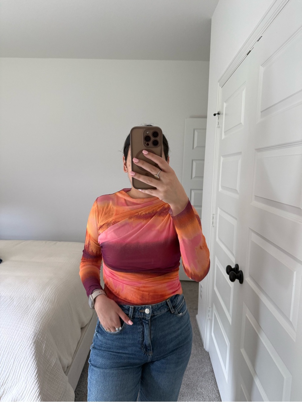 Zara Ombre Draped Long-Sleeve Top in Pink and Orange